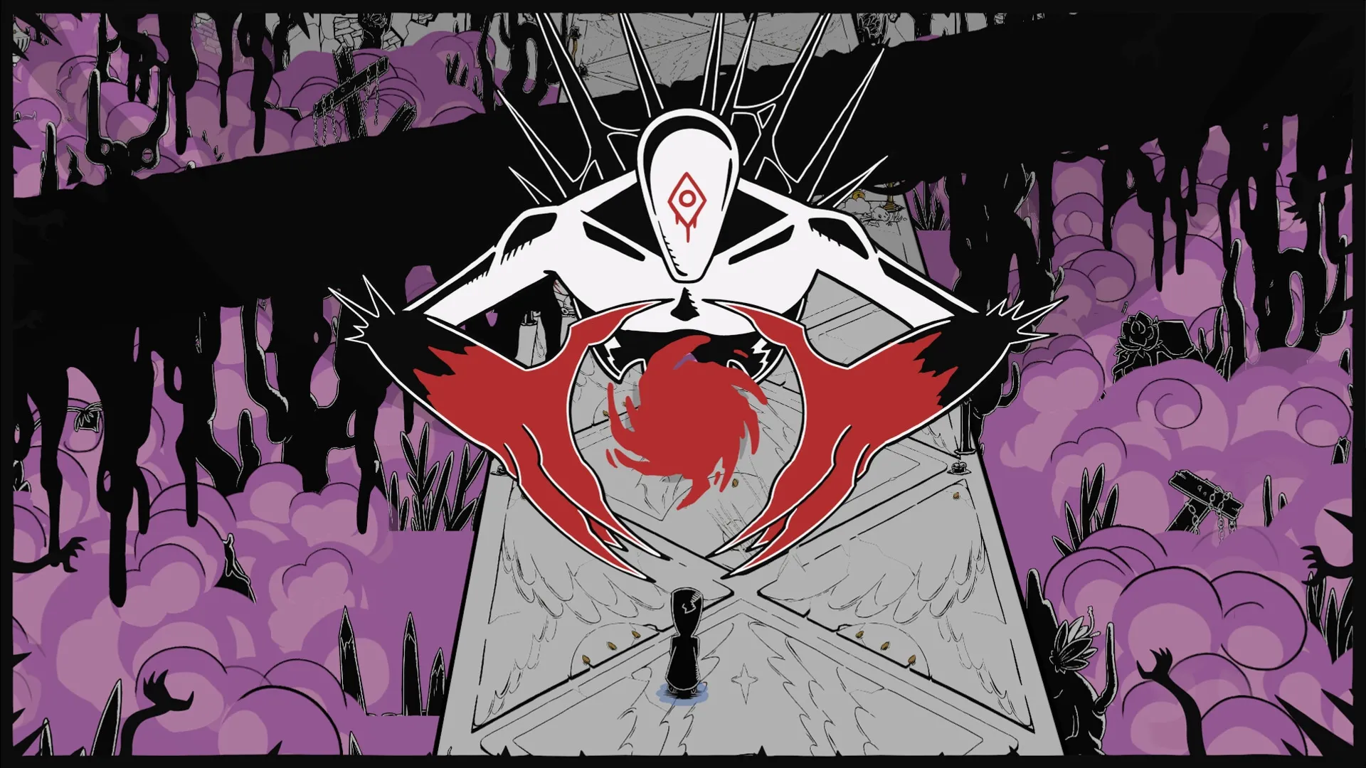 Worship: Cultist performs ritual before eldritch god in a surreal, purple-hued landscape