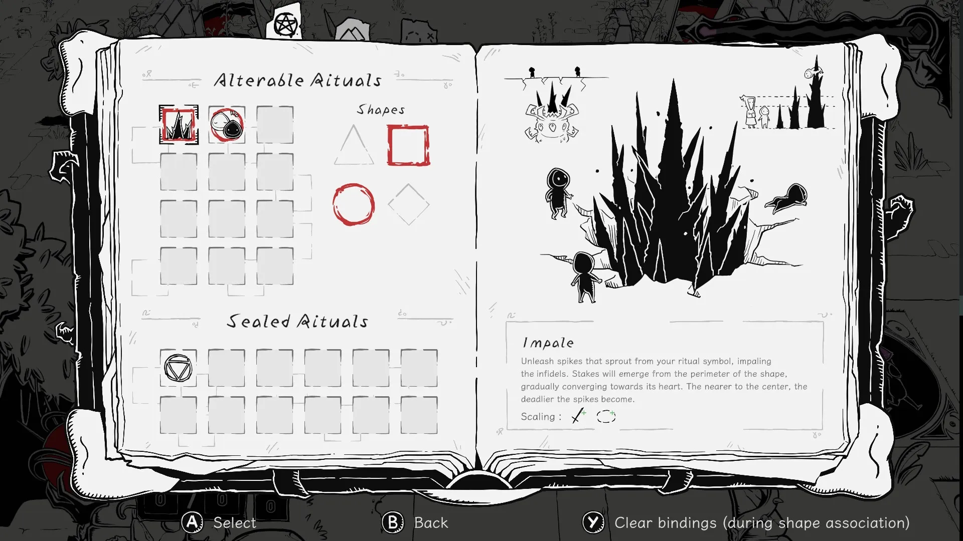 Worship: Ritual selection menu with alterable and sealed rituals, showing impale spikes and shapes