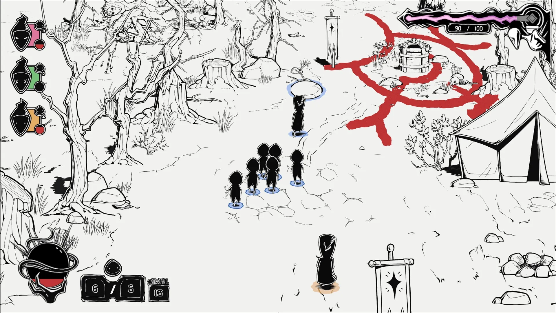 Worship: Cultist leads followers to ritual site marked by red symbols, near tent and barren trees.