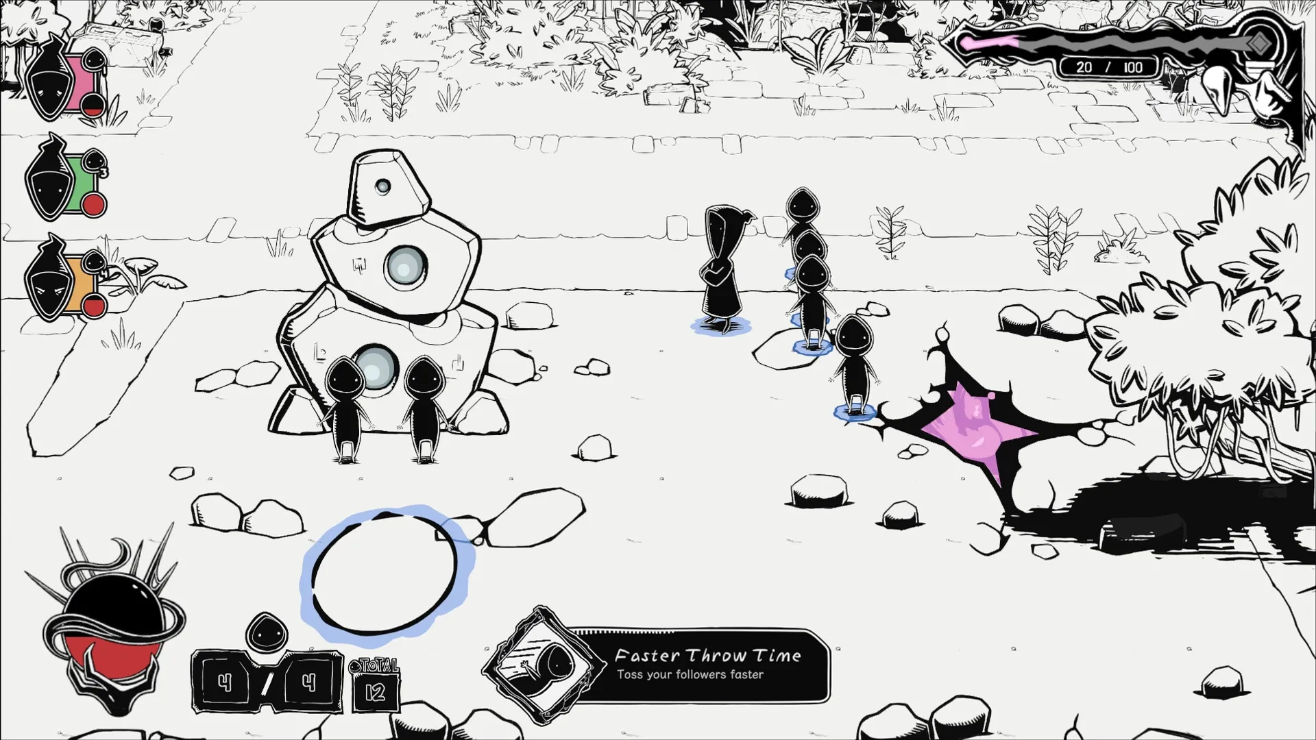 Worship: Cultists perform rituals near ancient stone in monochrome landscape with status bars visible
