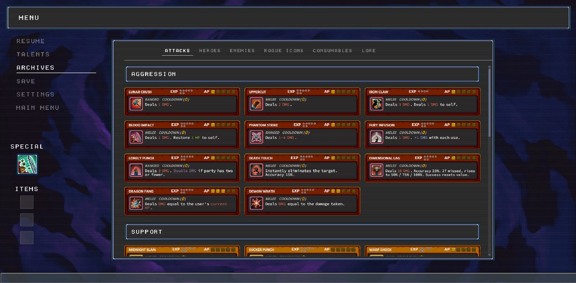 Woven Horizons: Attack selection menu with various abilities listed under aggression in a dark interface.