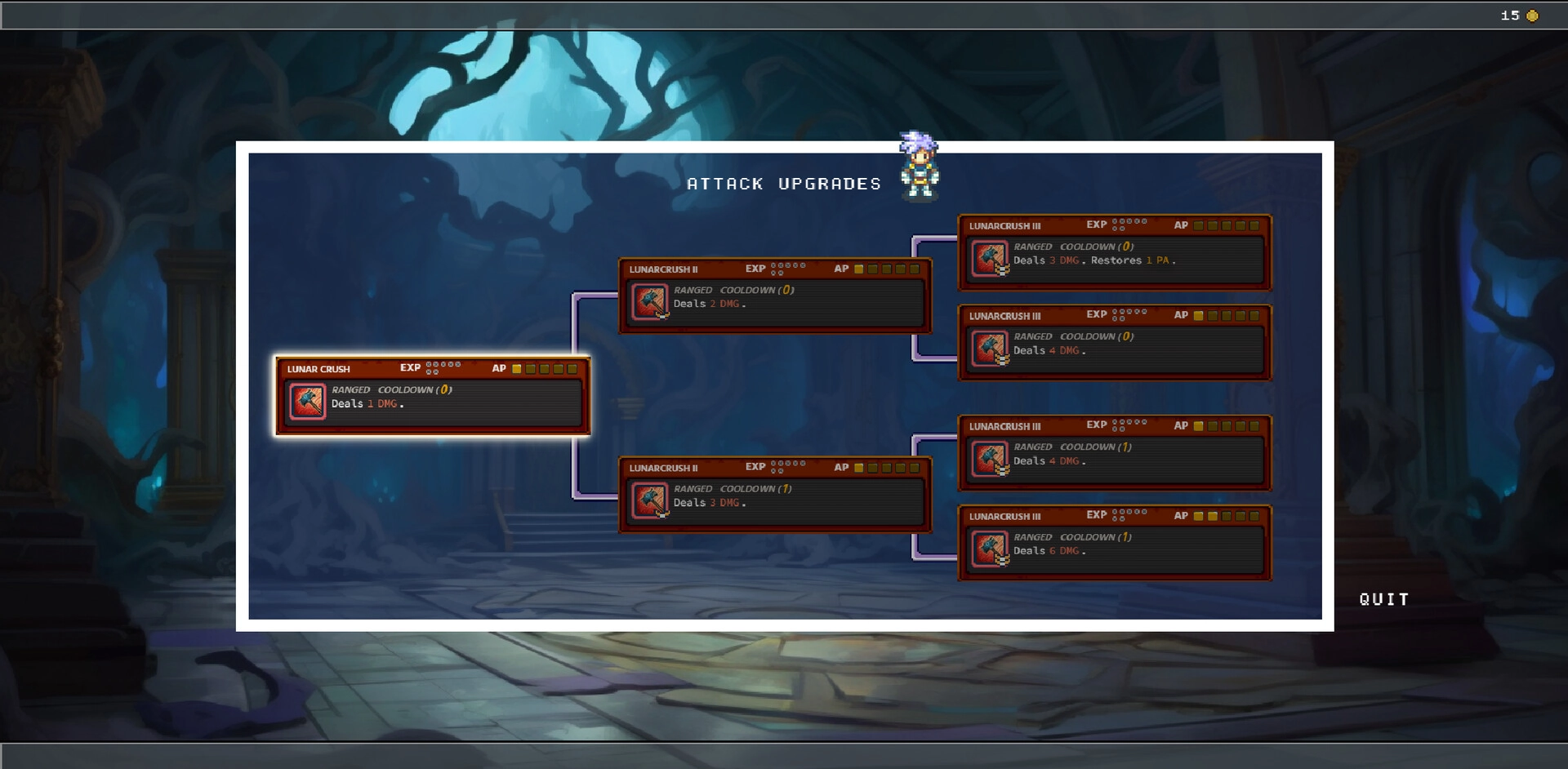 Woven Horizons: Attack upgrades tree with options for Lunar Crush abilities in a mystical cavern setting.