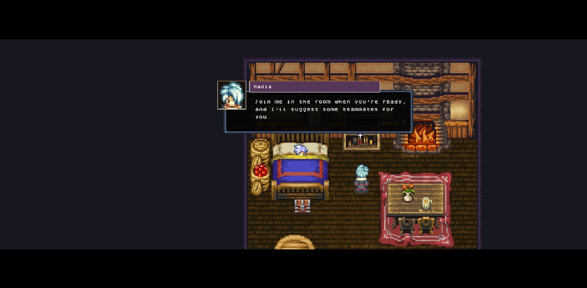 Woven Horizons: Nadia gives advice beside a cozy fireplace in a rustic wooden room with a bed.