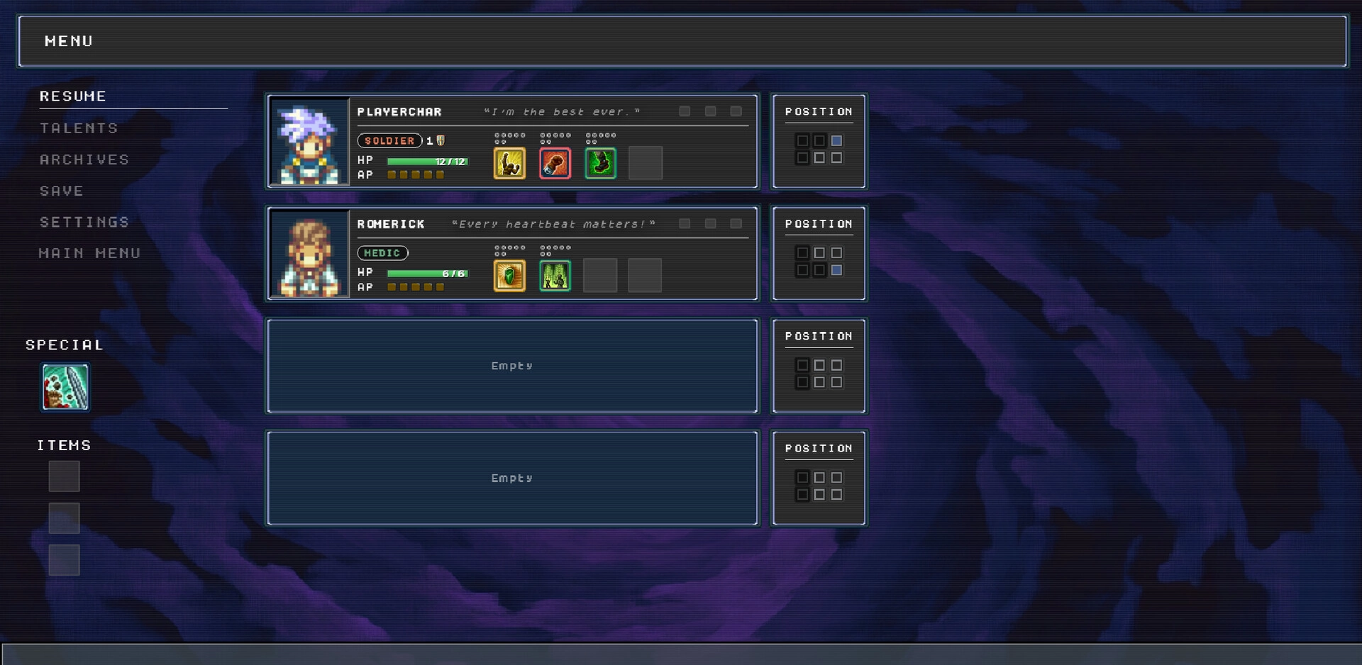 Woven Horizons: Character roster with Playerchar and Romerick on party management screen
