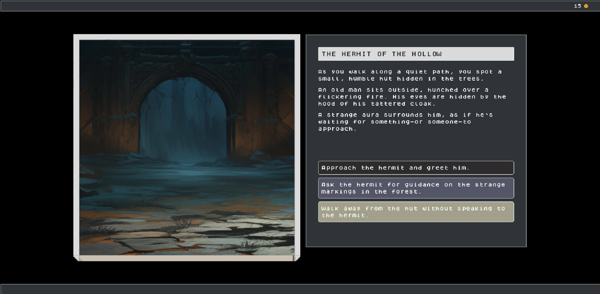 Woven Horizons: Dialogue options with the hermit outside a dimly lit ancient archway in the forest.