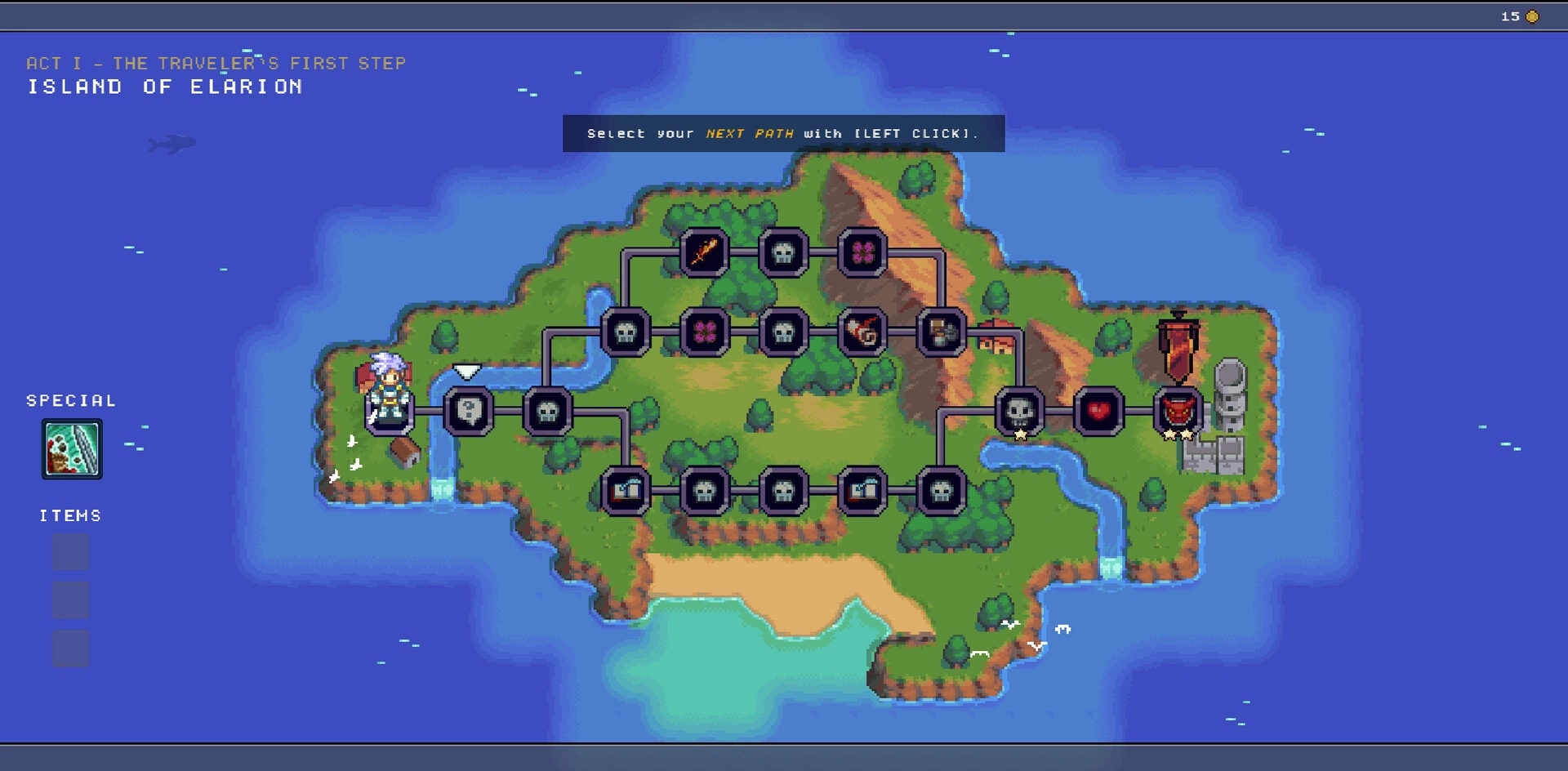 Woven Horizons: Island of Elarion map with hero path choices and special items on display