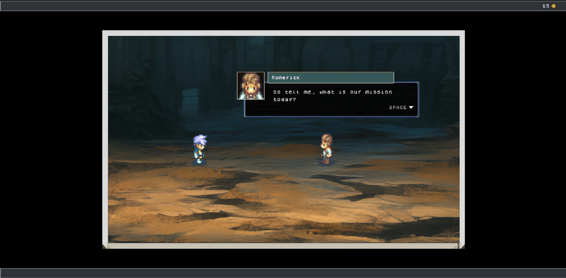 Woven Horizons: Dialogue between Romerick and a character in a dimly lit cave environment