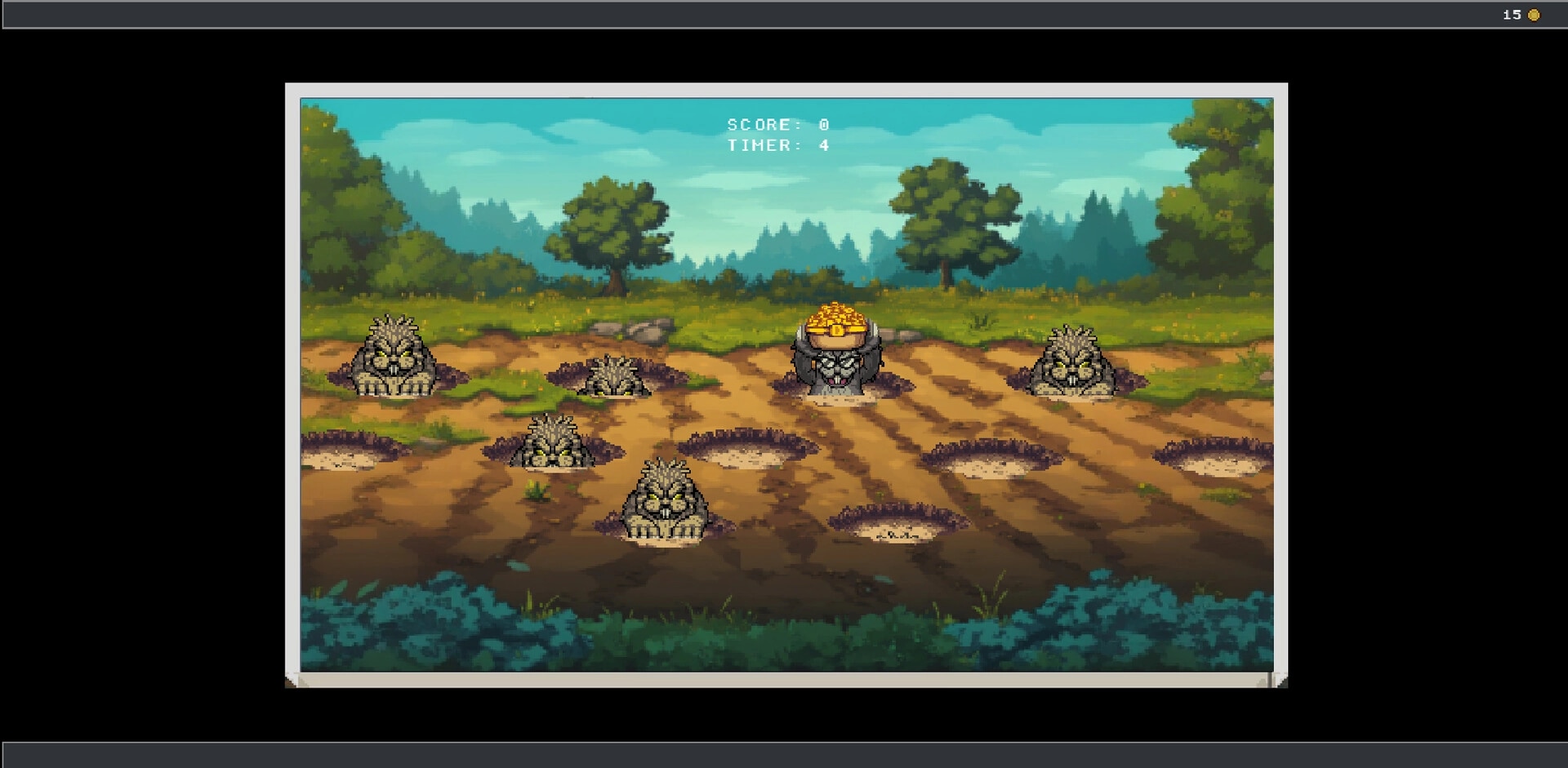 Woven Horizons: Whack-a-mole minigame with creatures popping up in a forest clearing environment