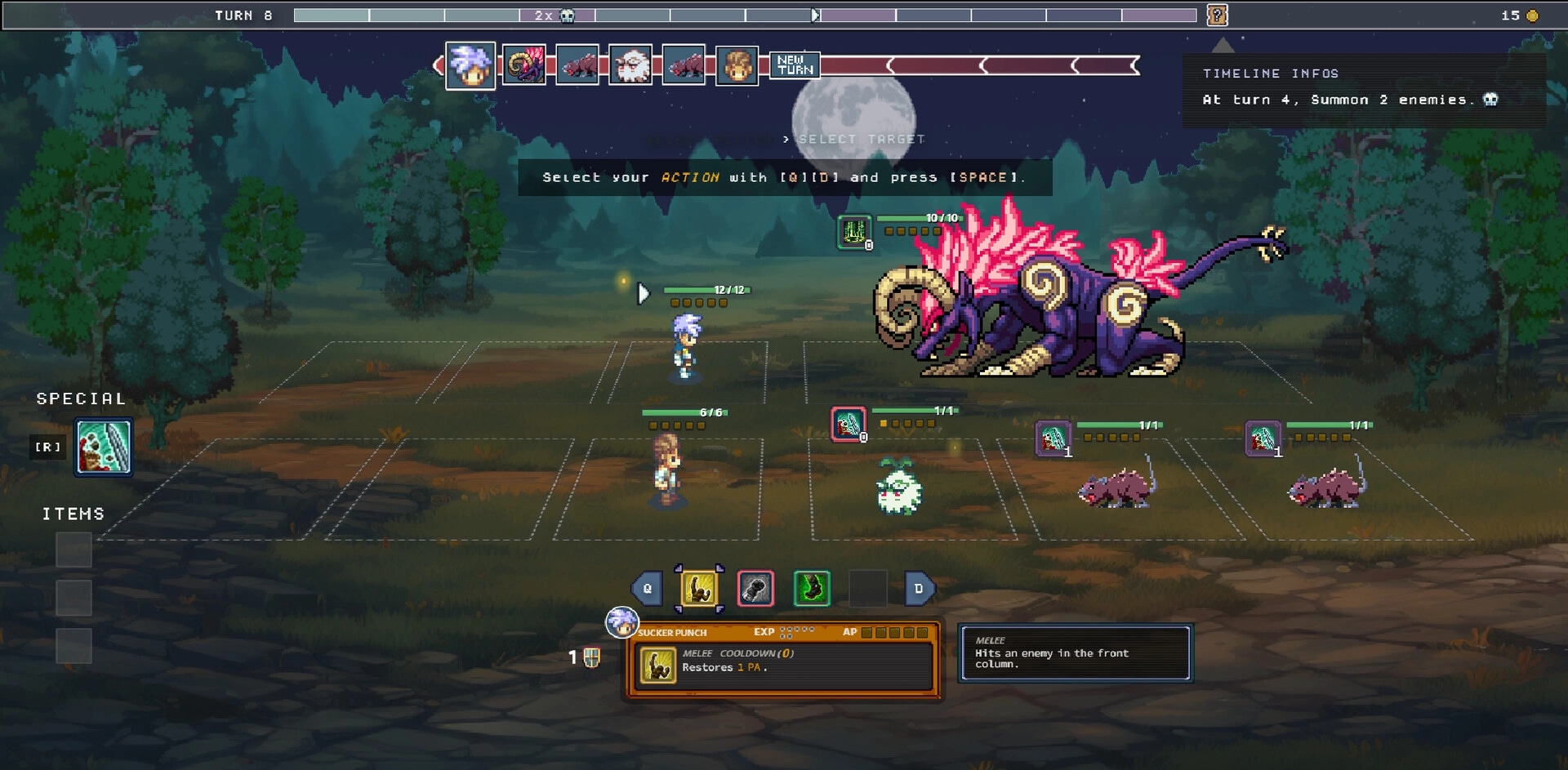 Woven Horizons: Tactical combat with heroes facing a giant beast and minions under a moonlit forest sky.