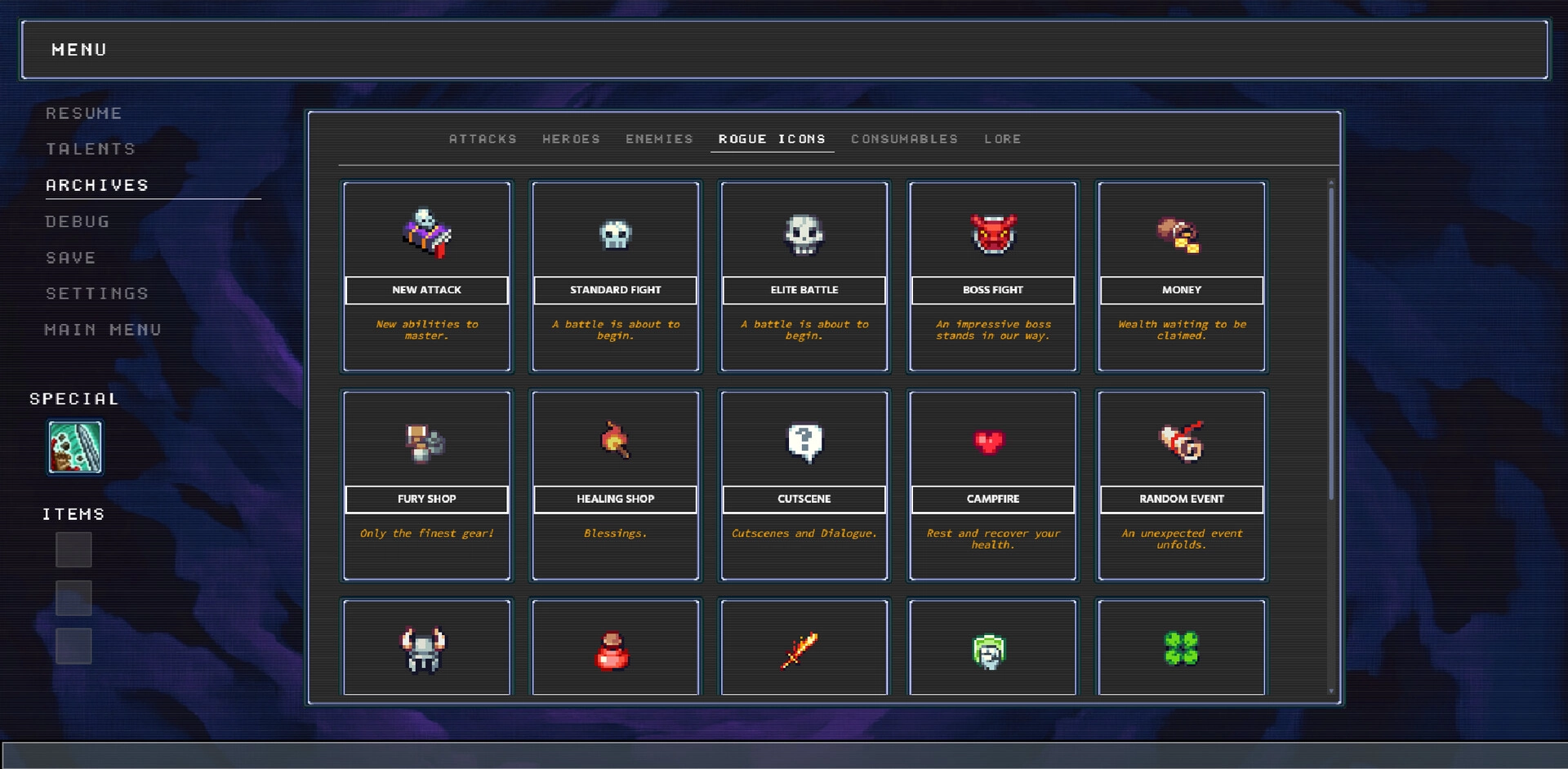 Woven Horizons: Archives menu displaying various rogue icons for gameplay options in dark interface.