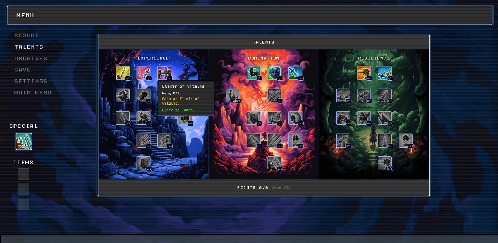 Woven Horizons: Talent tree interface displaying Experience, Domination, and Resilience skill paths