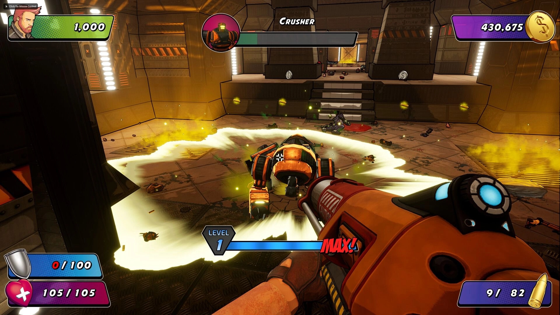 Wrack Remake: First-person combat with player attacking Crusher in industrial arena setting