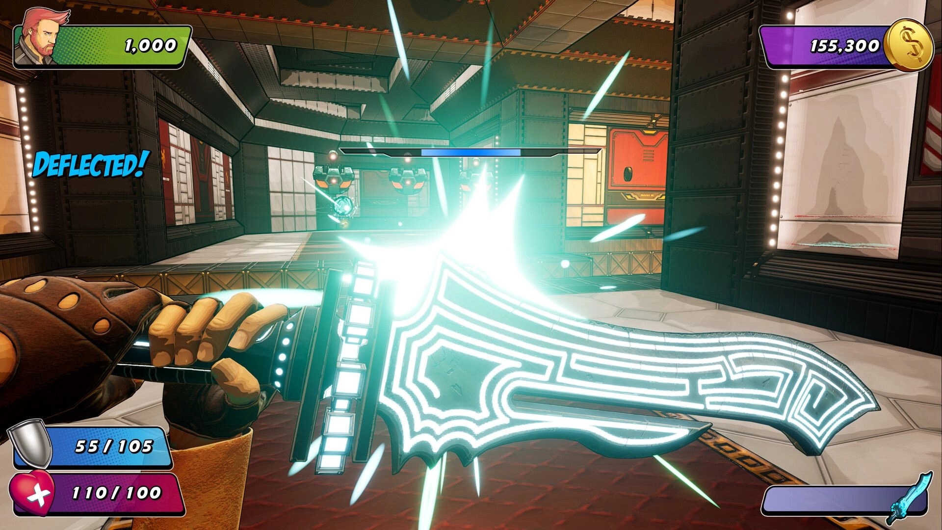 Wrack Remake: Player wielding glowing sword deflects attack in industrial corridor with UI stats visible