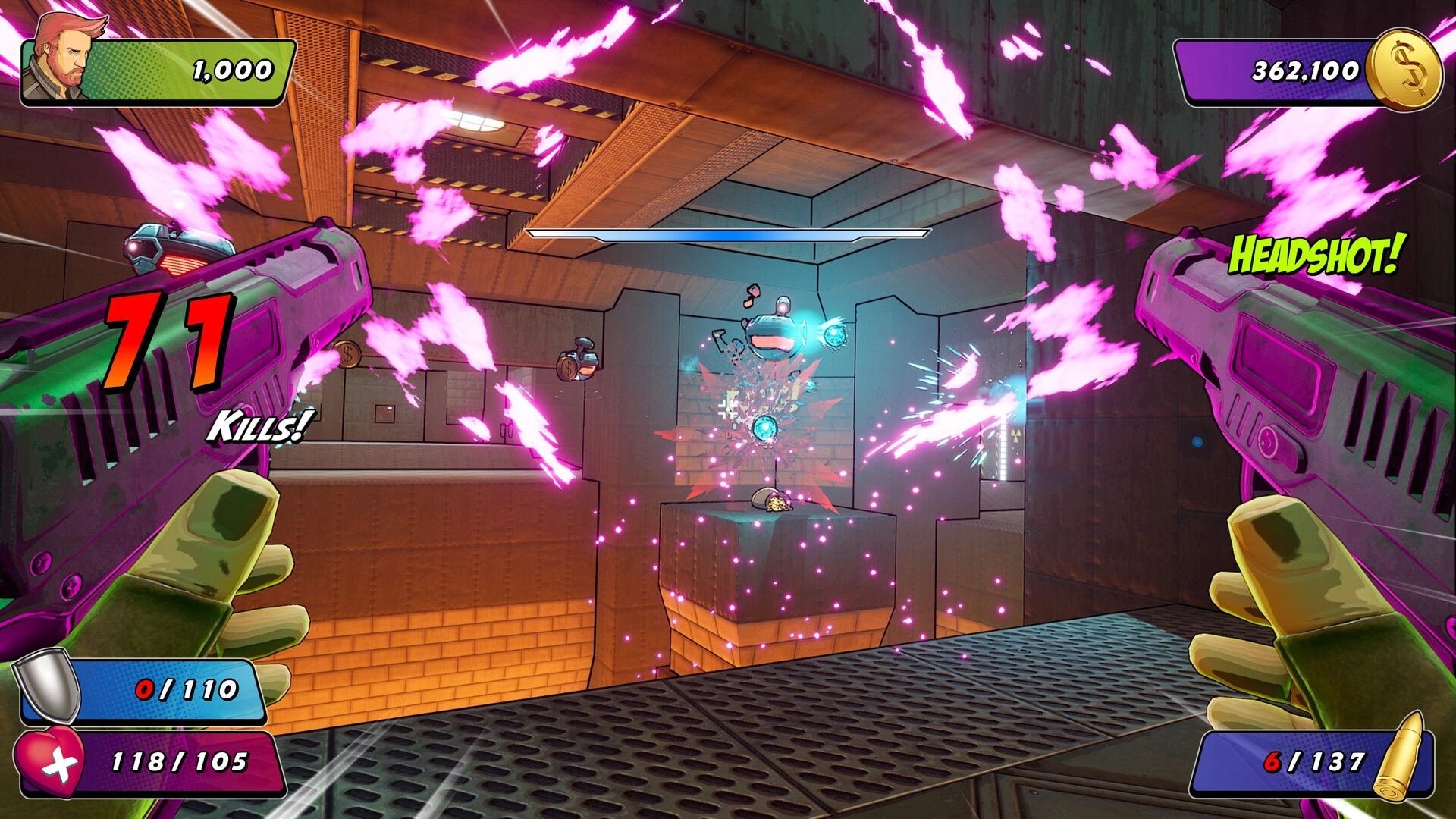 Wrack Remake: Dual-wielding pistols in vibrant sci-fi corridor, with headshot and 71 kills displayed.