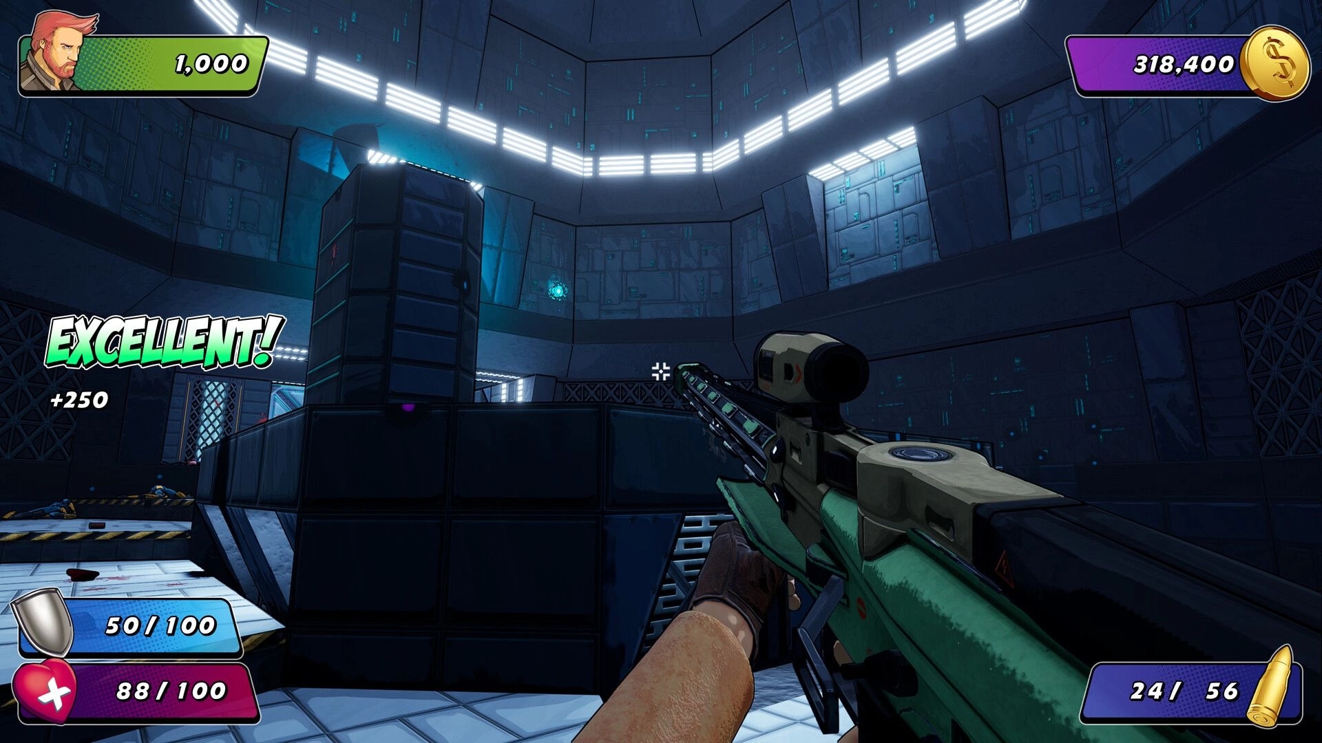 Wrack Remake: Player aiming rifle in futuristic arena with score and health displayed on screen