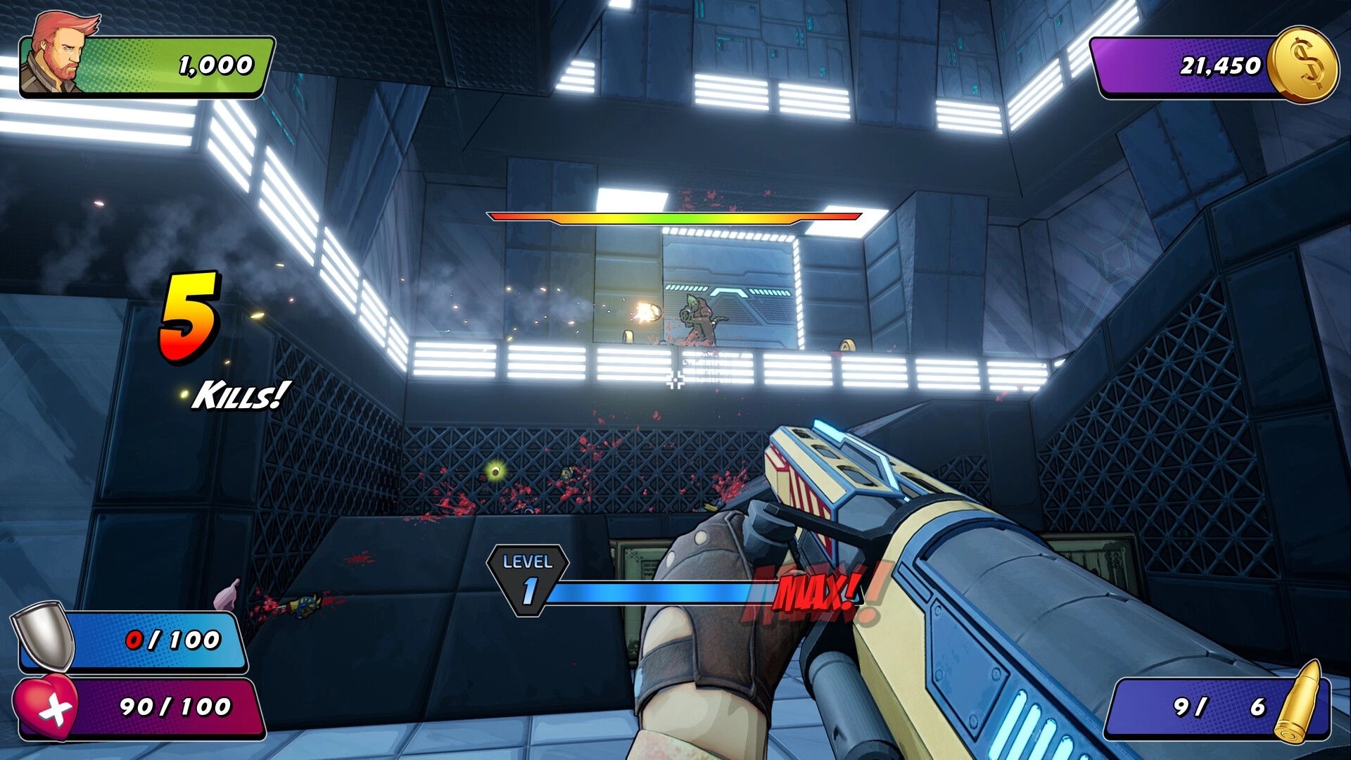 Wrack Remake: First-person combat with energy weapon in futuristic industrial setting, 5 kills displayed