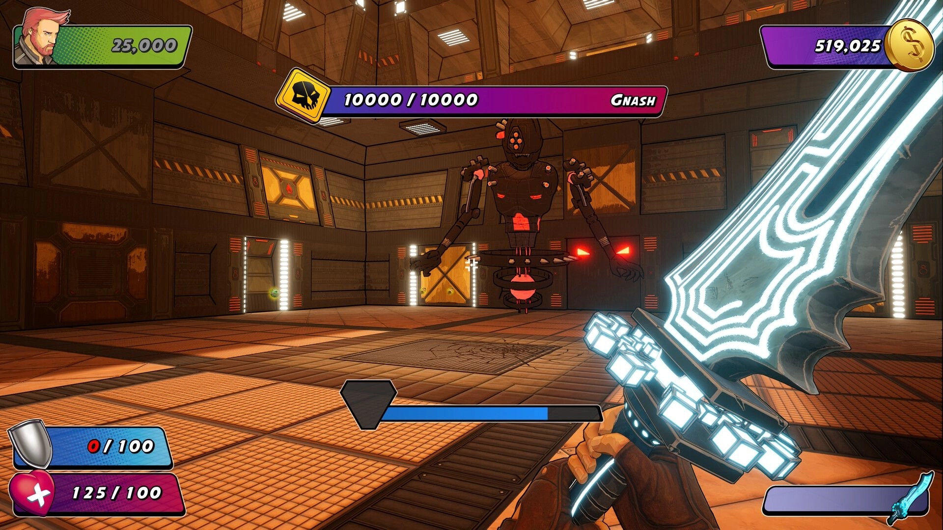 Wrack Remake: Player facing robot boss Gnash in a futuristic arena with health and score displays