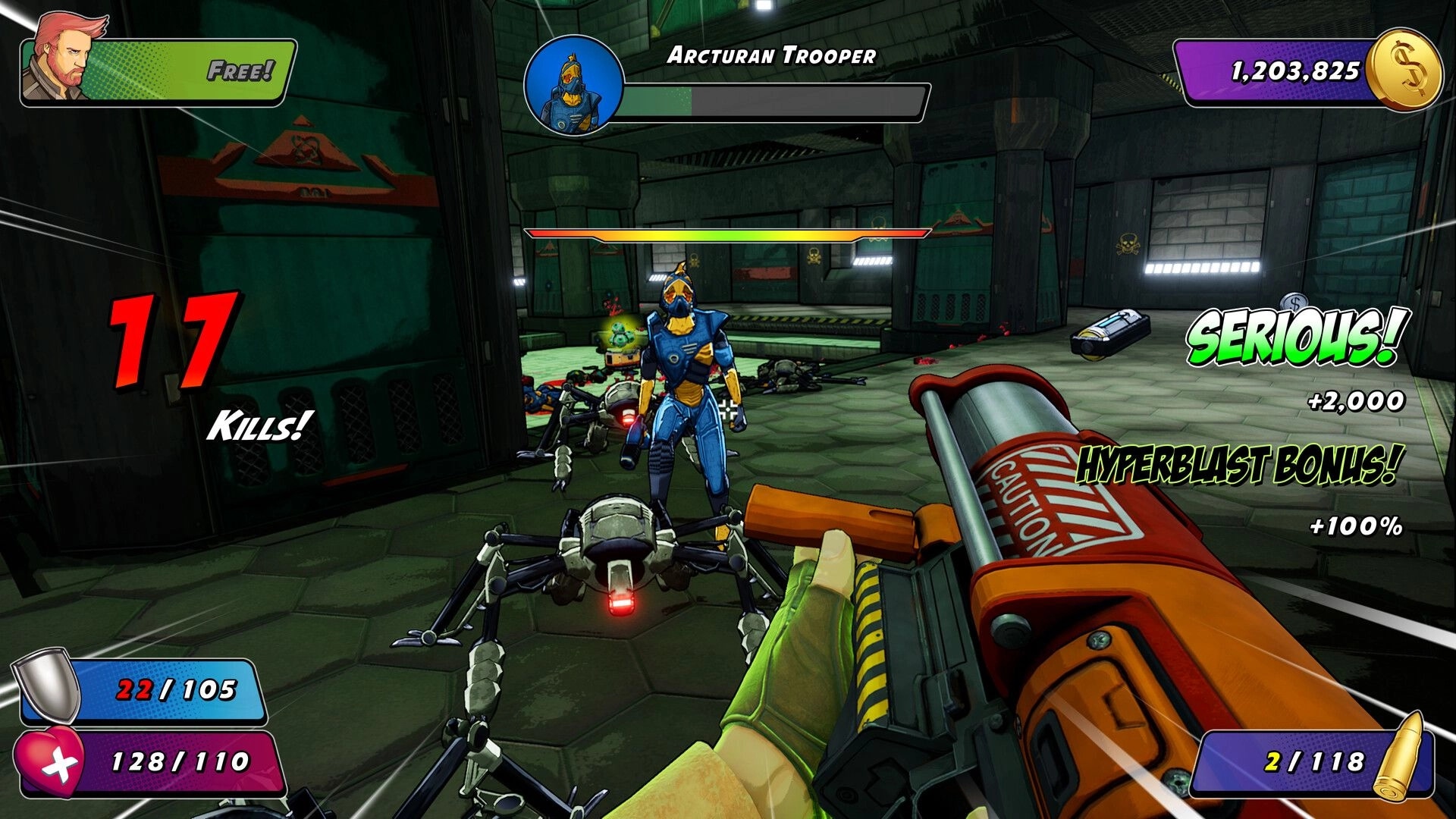 Wrack Remake: First-person combat with Arcturan Trooper in industrial environment, 17 kills achieved