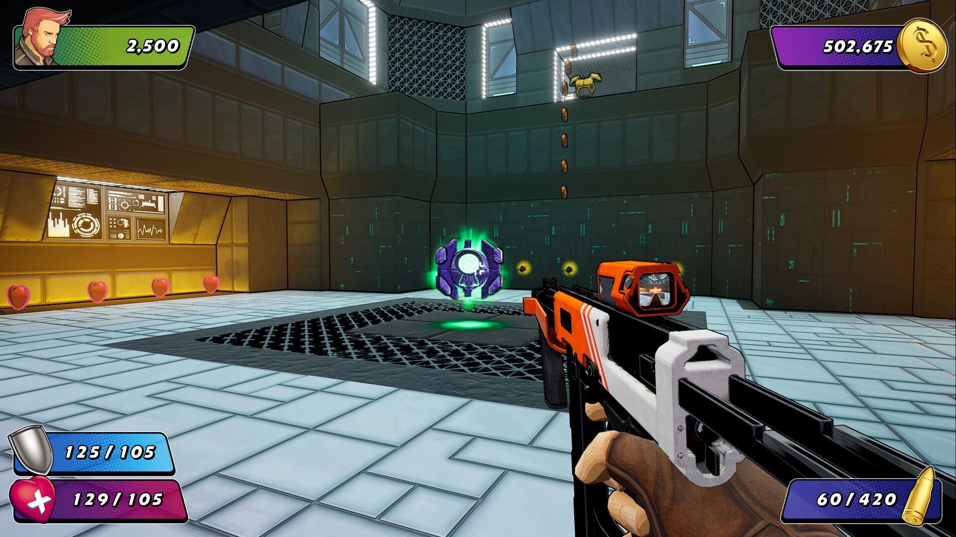 Wrack Remake: Player aims at floating purple orb in futuristic room with health and ammo UI visible
