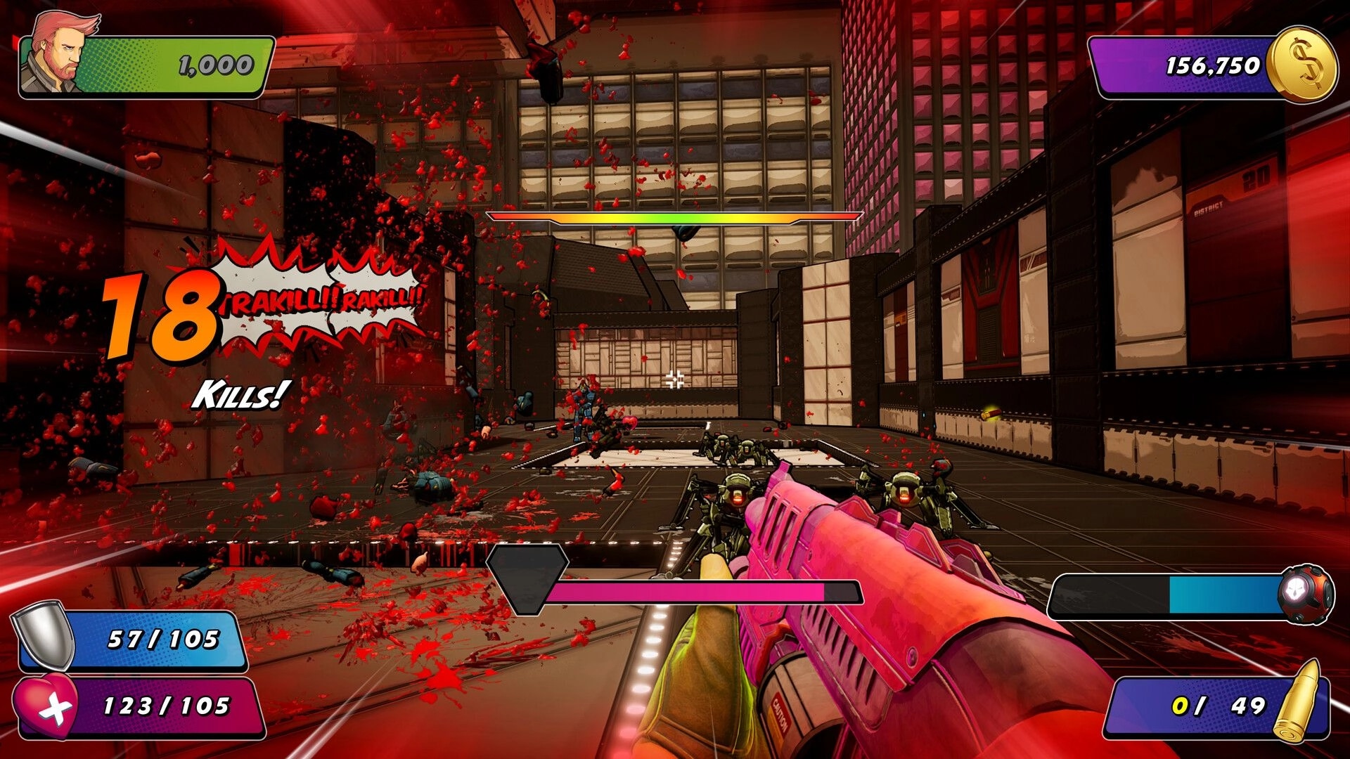 Wrack Remake: First-person combat with rifle and enemy robots in industrial corridor, UI displays score