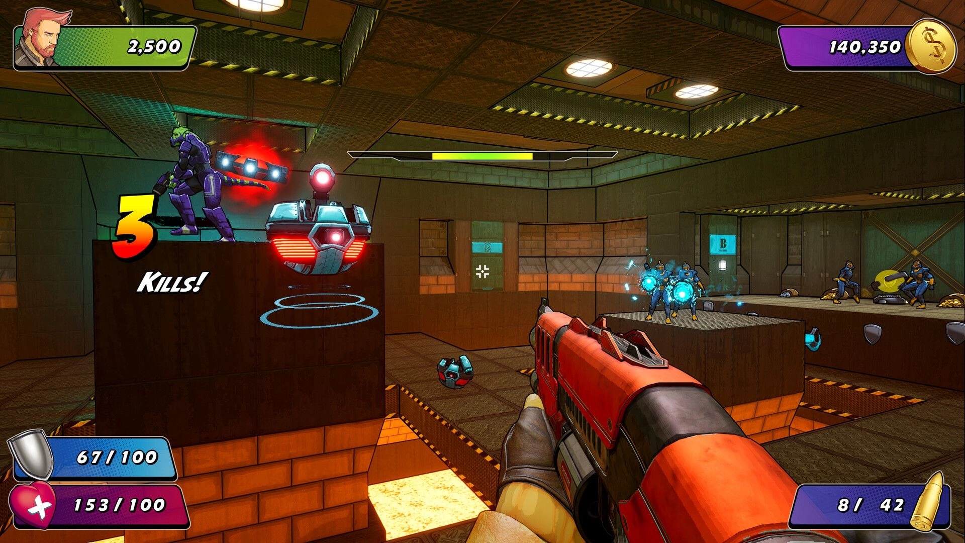 Wrack Remake: First-person combat with shotgun, battling enemies in a futuristic industrial arena