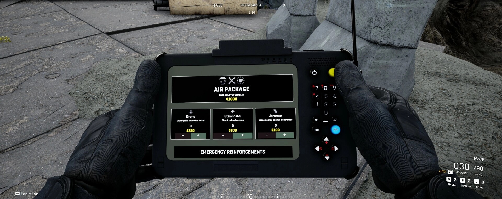 WRAITH OPS: Player holding tactical device with air package options in rocky outdoor environment