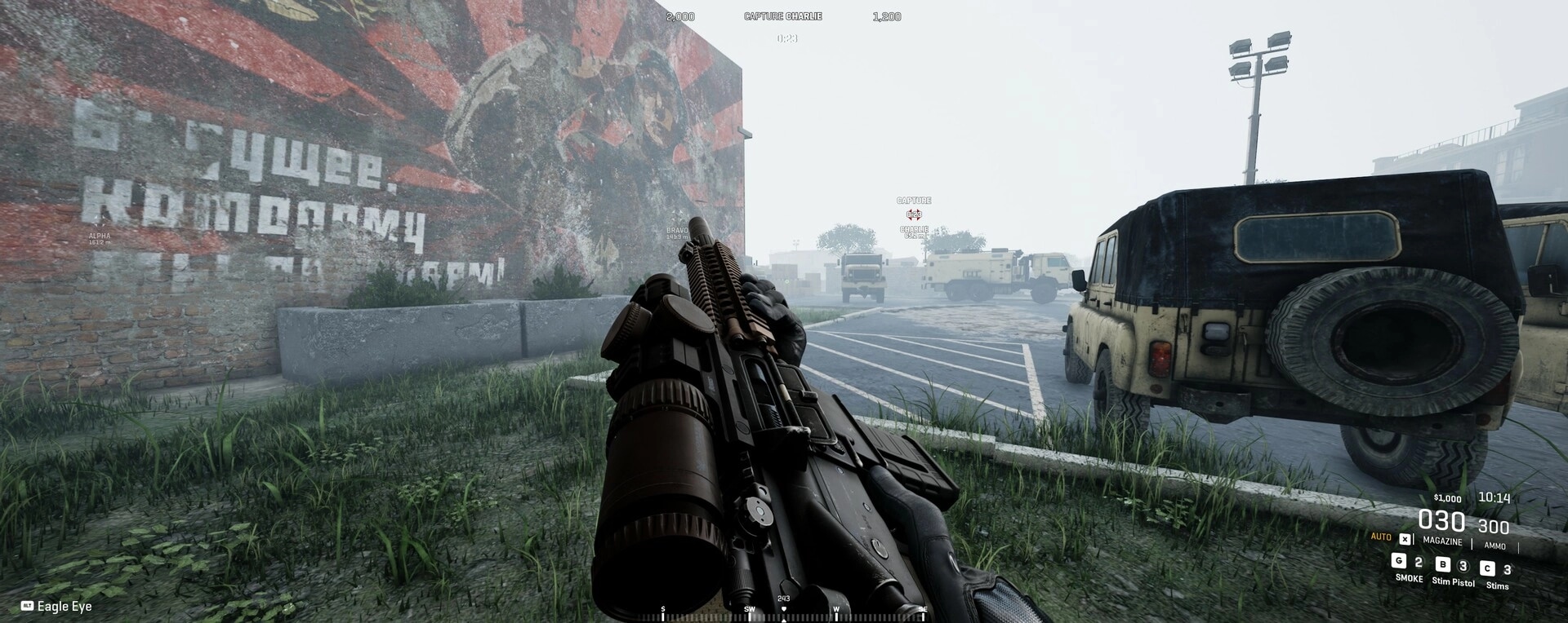 WRAITH OPS: First-person view with rifle aiming near vehicles in a foggy parking lot environment.