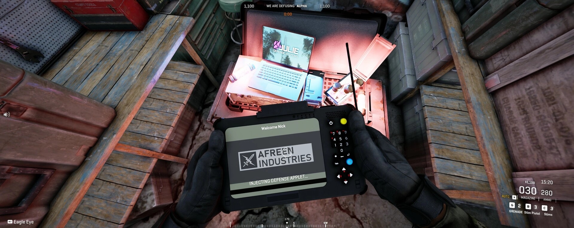 WRAITH OPS: Player defusing device in wooden crate-filled storage room, holding electronic hacking tool.