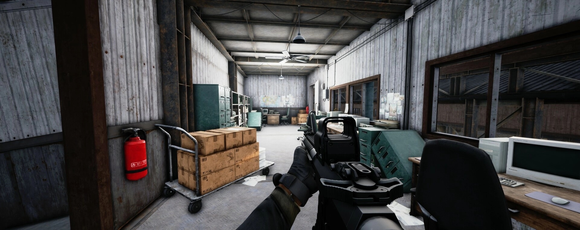 WRAITH OPS: First-person view aiming down sights in a cluttered warehouse office with filing cabinets