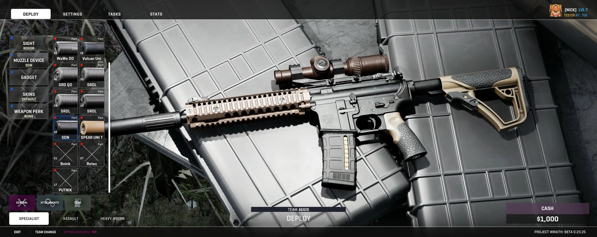 WRAITH OPS: Weapon customization menu with rifle displayed on case, attachment options on the left