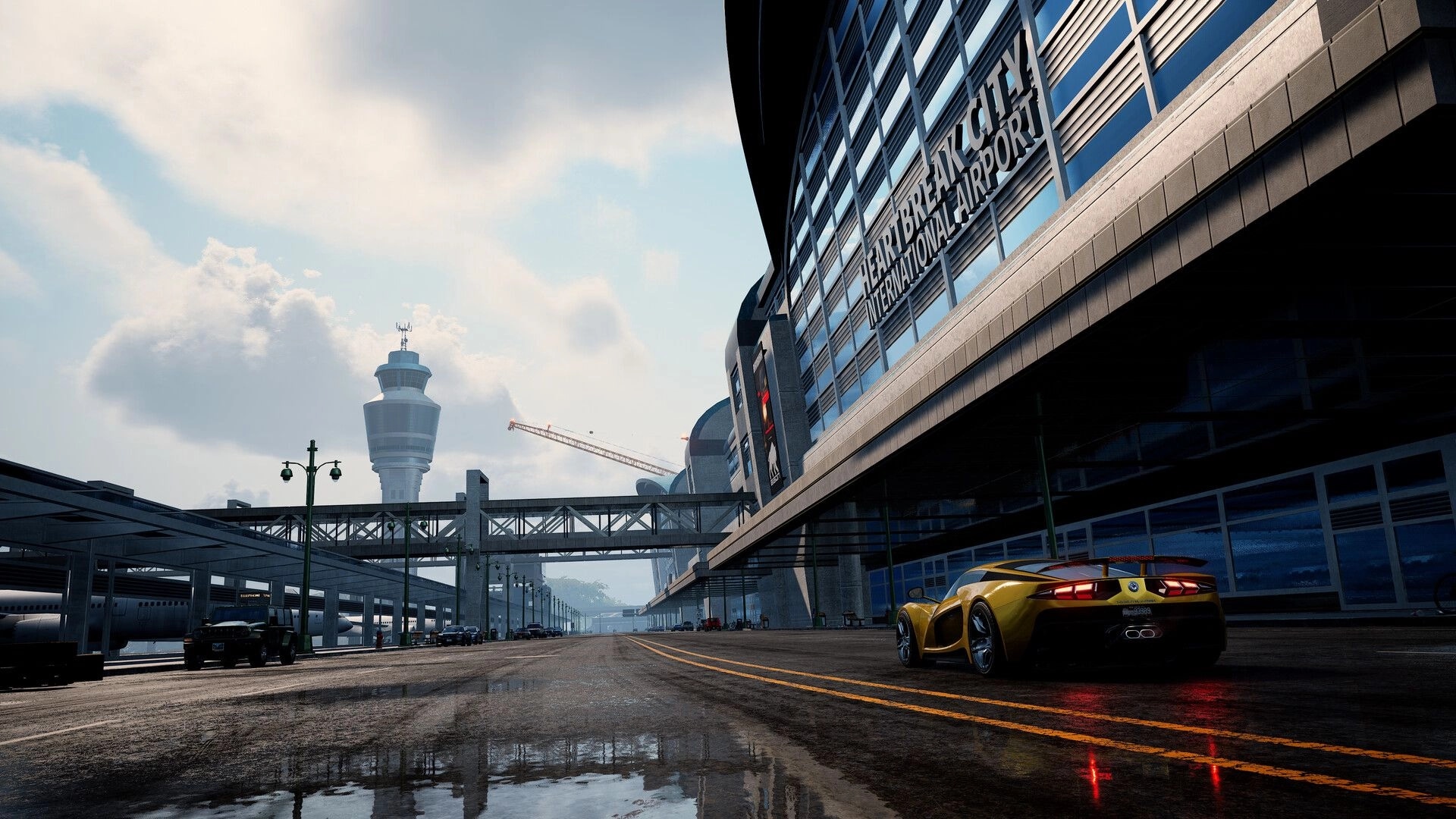 Wreckreation 2: Yellow supercar parked on wet airport road beside terminal and control tower skyline.