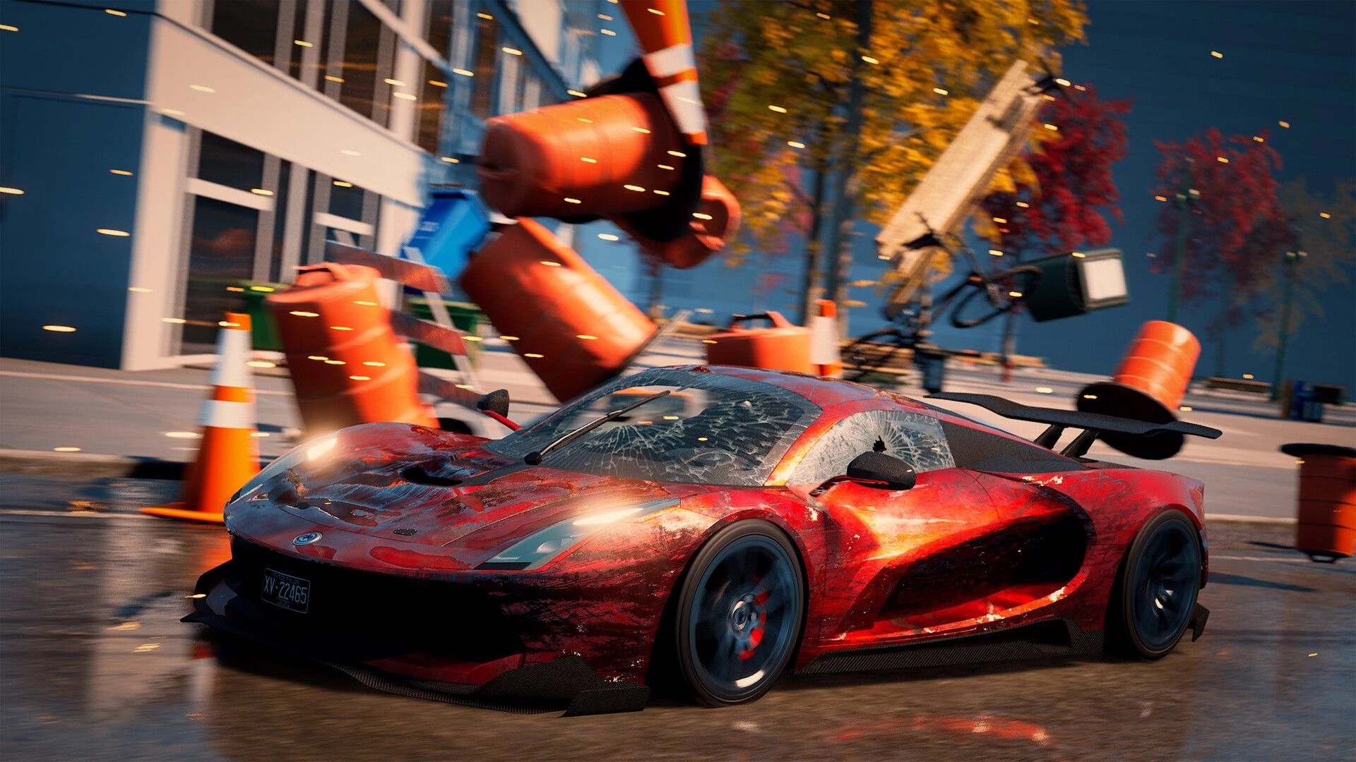 Wreckreation 2: Red supercar smashes through traffic cones and barrels on a wet city street at dusk.