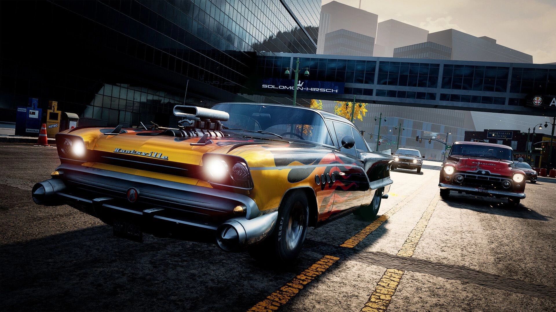 Wreckreation 2: Flame-painted muscle car speeds ahead of rivals on a downtown street by glass towers.
