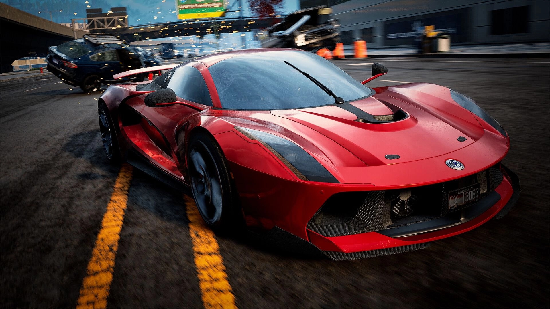 Wreckreation 2: Red supercar speeds on city highway as black car crashes into barrier, sparks flying.