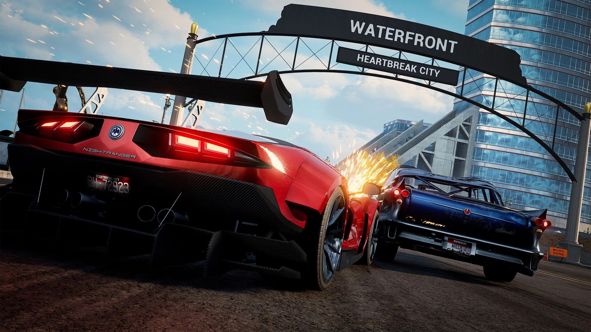 Wreckreation 2: Red supercar rams a blue classic car under Waterfront Heartbreak City arch downtown.