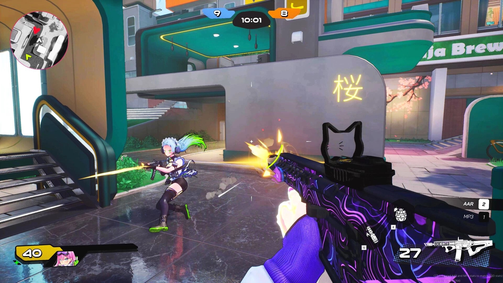 WTF: First-person firefight in urban setting with anime waifu character, health and ammo UI visible
