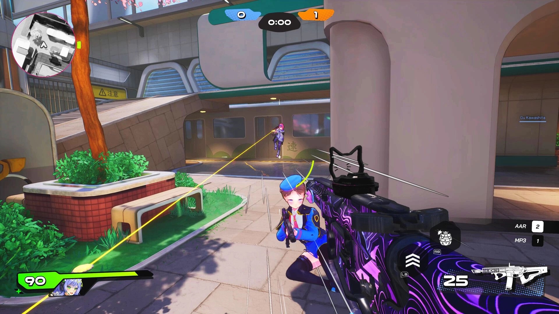 WTF: Character crouching with sniper rifle in urban map, aiming at distant opponent near subway train