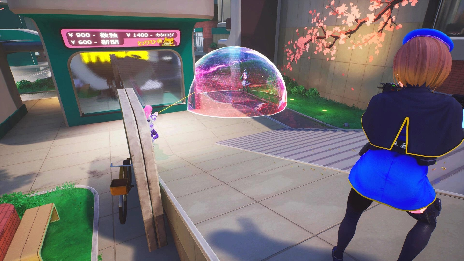 WTF: Two waifus in combat, one behind cover, one in a shield bubble, urban environment with cherry blossoms