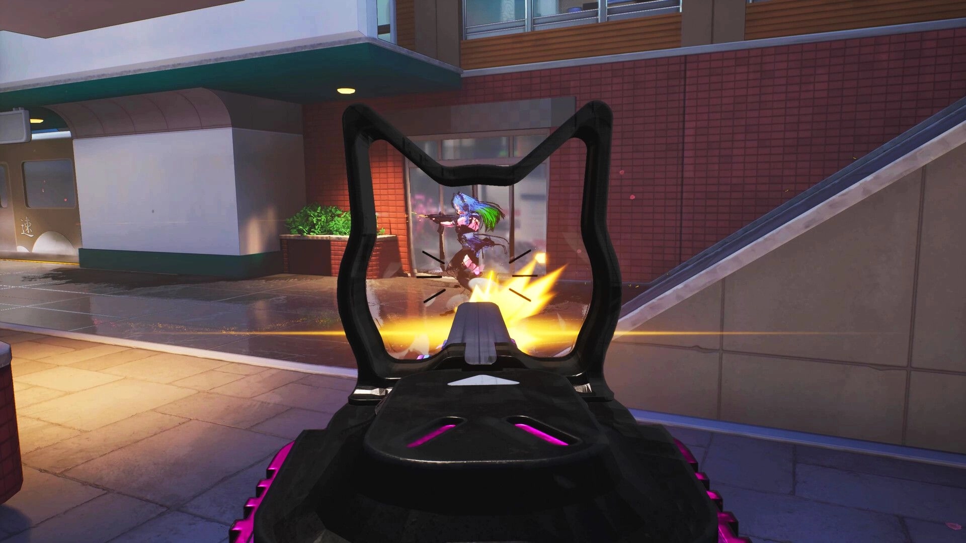 WTF: First-person view aiming at enemy anime character in urban setting with red brick walls
