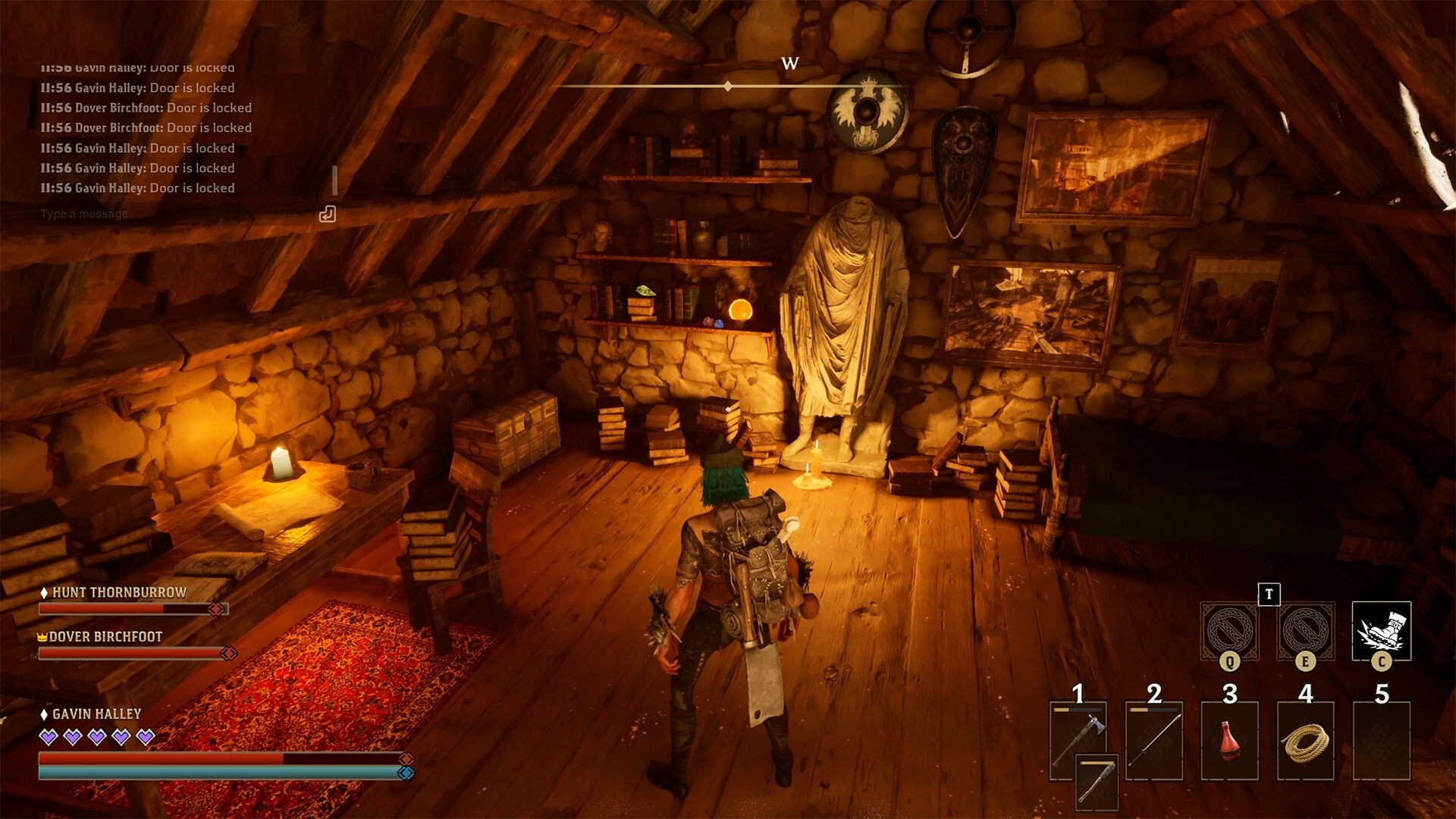 Wyldheart: Player stands in a candlelit stone attic room with books, statue, and party UI visible.