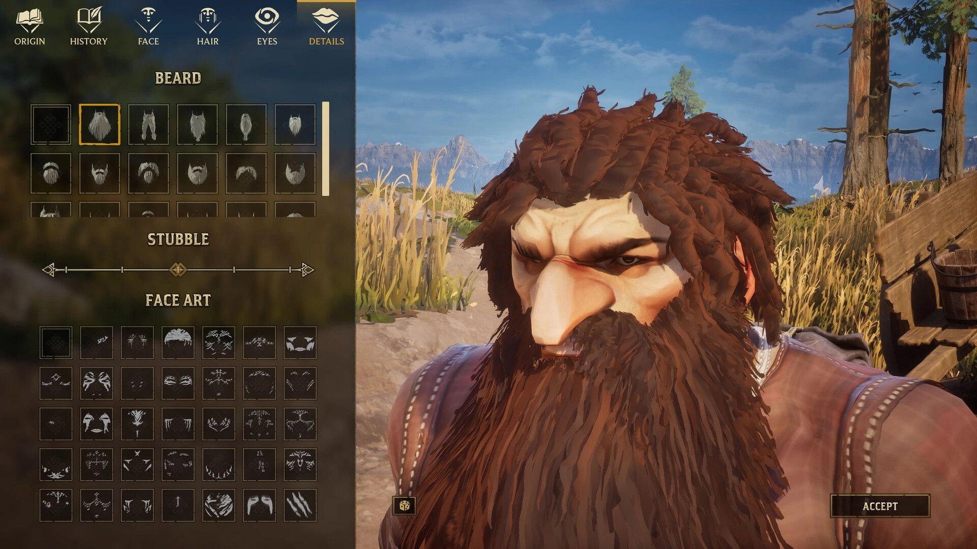 Wyldheart: Character creator beard and face art menu beside close-up dwarf in grassy outdoors.