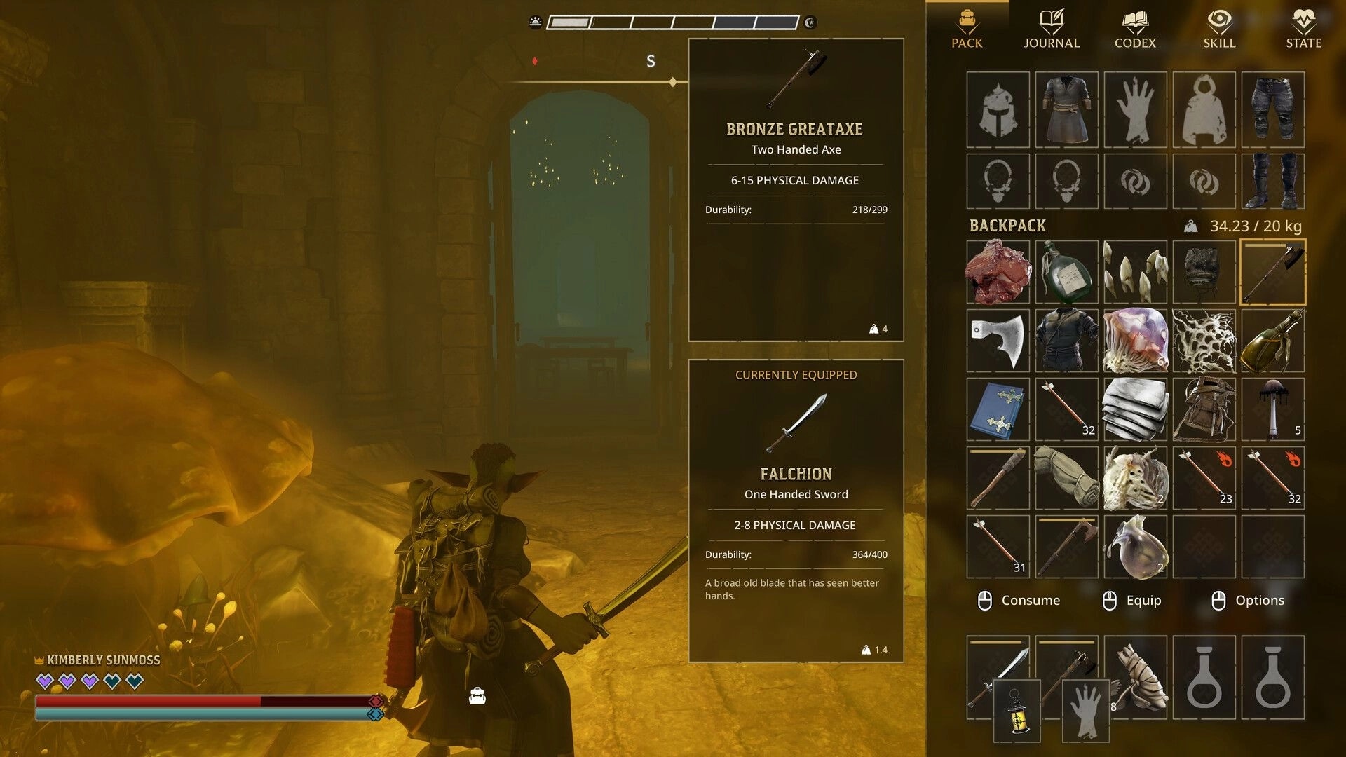 Wyldheart: Inventory open highlighting Bronze Greataxe stats as player stands in a stone ruin hall.