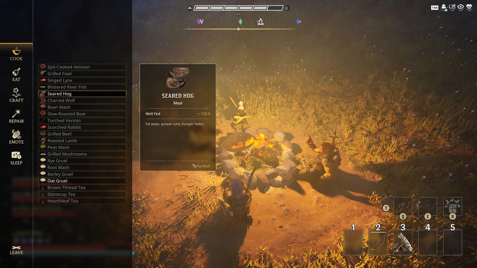 Wyldheart: Cooking menu selecting Seared Hog meal beside a campfire in a grassy clearing at dusk.