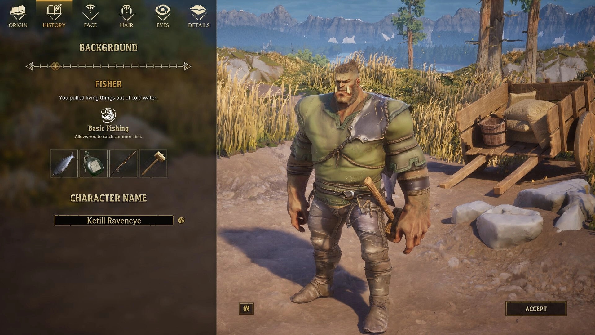 Wyldheart: Character background selection for Fisher on rugged fighter in grassy camp by cart and cliffs.