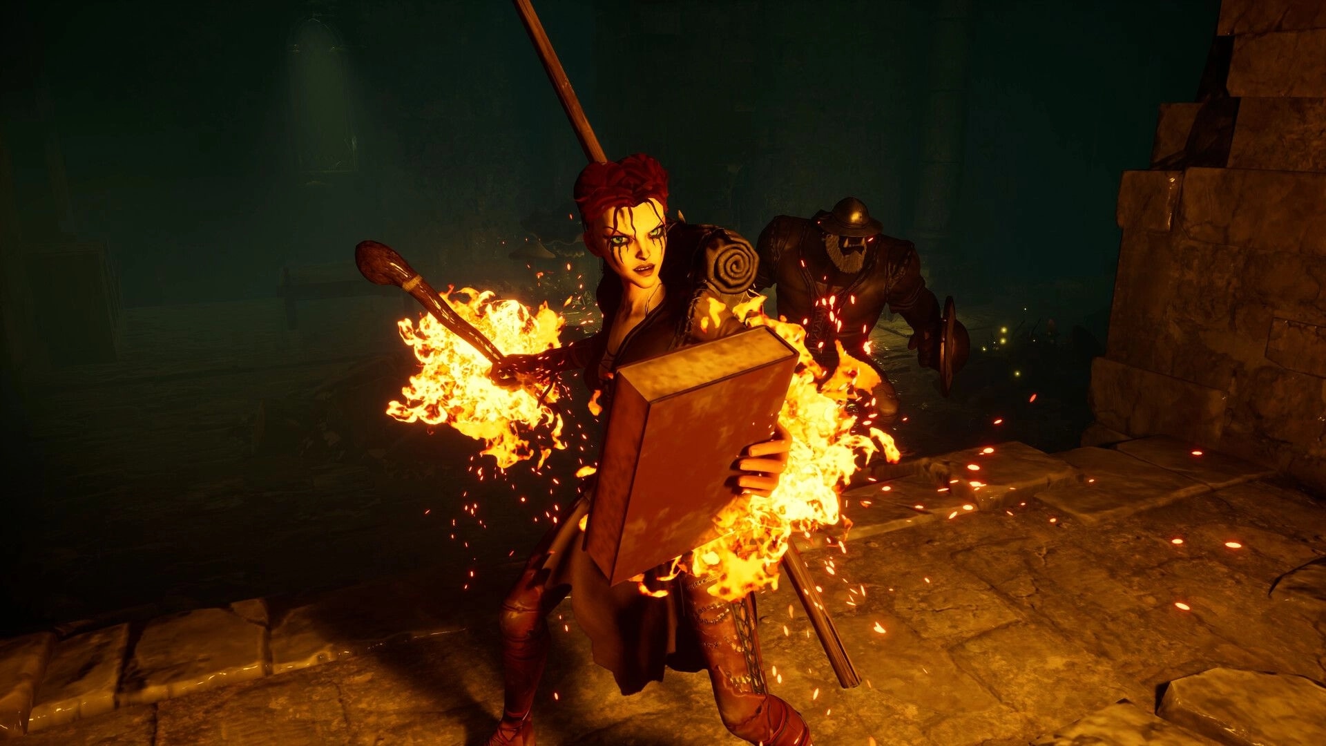 Wyldheart: Warrior with flaming shield and mace fights armored foe in a dim stone dungeon corridor.