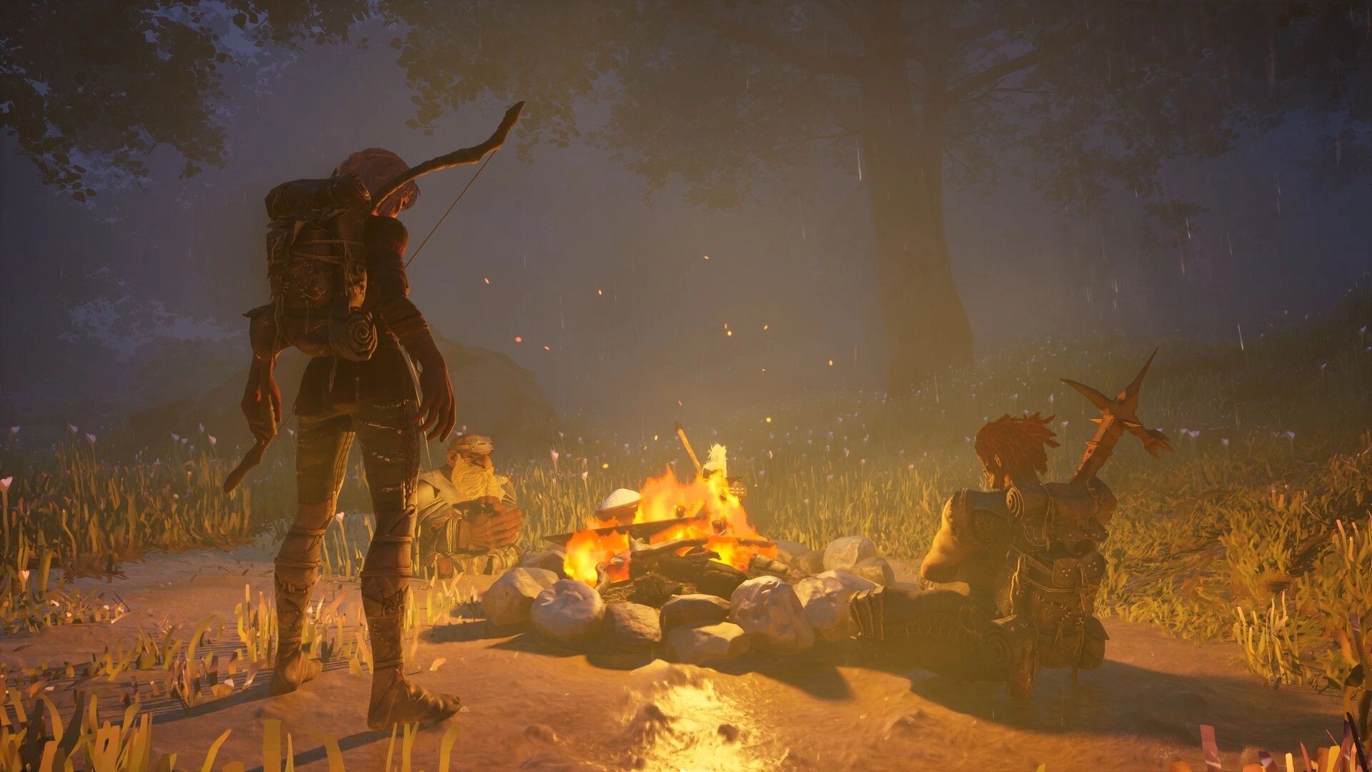 Wyldheart: Two adventurers rest by a campfire in a rainy forest clearing at dusk, gear visible.