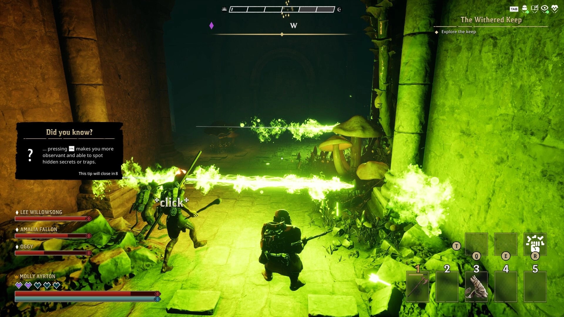 Wyldheart: Party dodges green fire jets in The Withered Keep corridor, quest and hotbar UI visible.