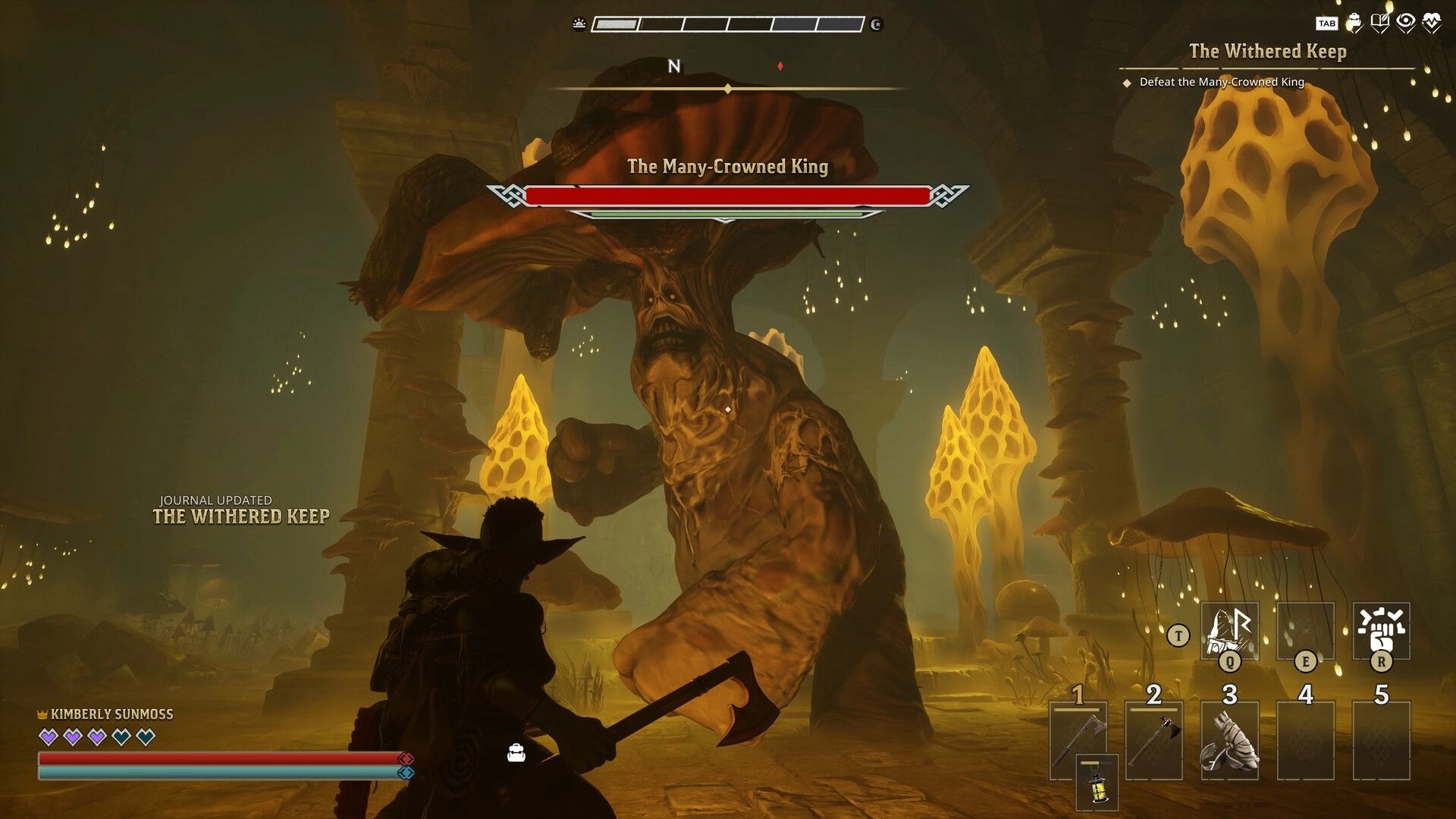 Wyldheart: Boss fight with The Many-Crowned King in The Withered Keep, glowing fungi and HUD bars.