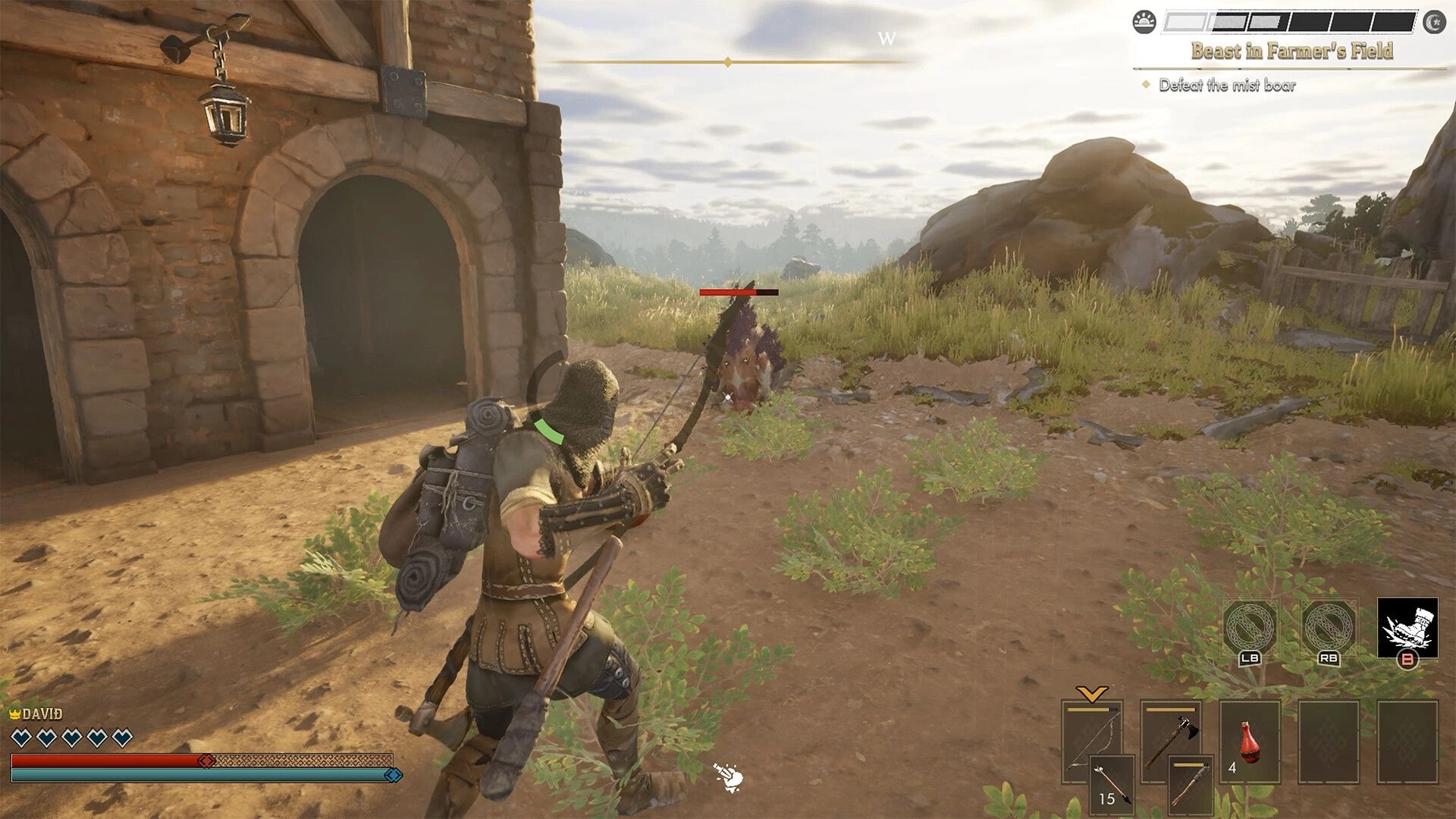 Wyldheart: Archer aims bow at a boar enemy outside a stone barn in a sunny farm field quest HUD.
