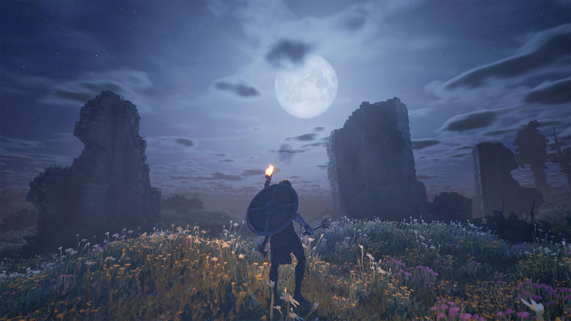 Wyldheart: Adventurer with shield and torch facing ruined stone walls under a bright full moon sky.